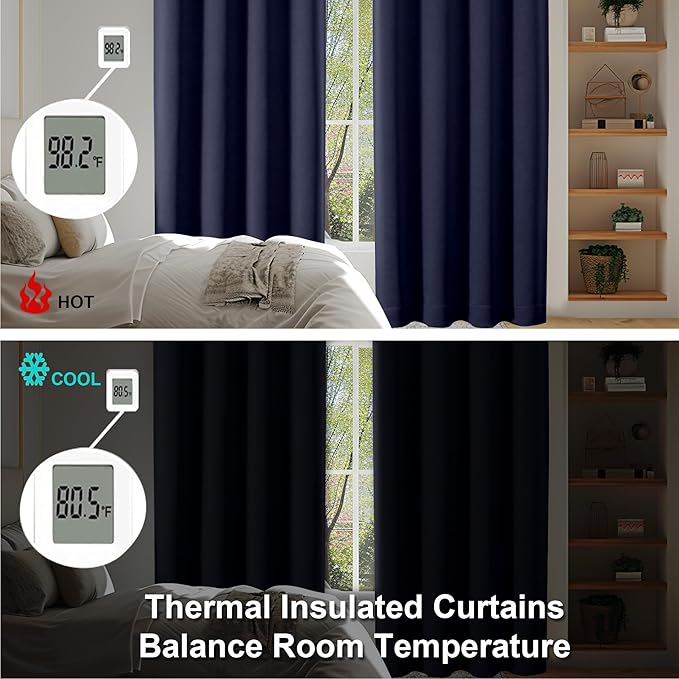 Simplebrand Ava Navy Blue Blackout Curtains for Bedroom - 72 Inch Length x 40 Inch Width, Privacy Insulated Thermal Rod Pocket Panels