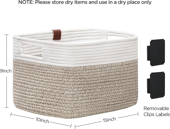 UBBCARE 2 Pack Baskets for Organizing, Woven Storage Baskets with Label for Toys and Towel, Rectangle Cotton Rope Basket with Handles, 15''L x10''W x9''H, White&Brown