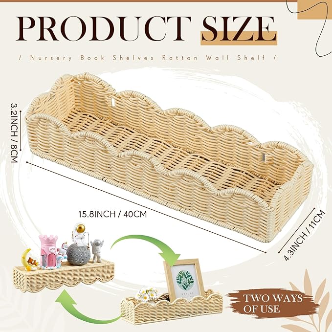 Pinkunn 3 Set Nursery Book Shelves Scalloped Rattan Wall Shelf 15.8 x 3.2 Inch Wall Mounted Plastic Floating Book Shelve, Hanging Boho Wicker Woven Shelf for Nursery Decor and Storage (Boho Beige)