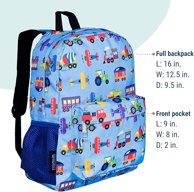 Wildkin 16-inch Kids Backpack – Durable, Padded & Spacious School Bag for Boys & Girls - Trains, Planes, and Trucks