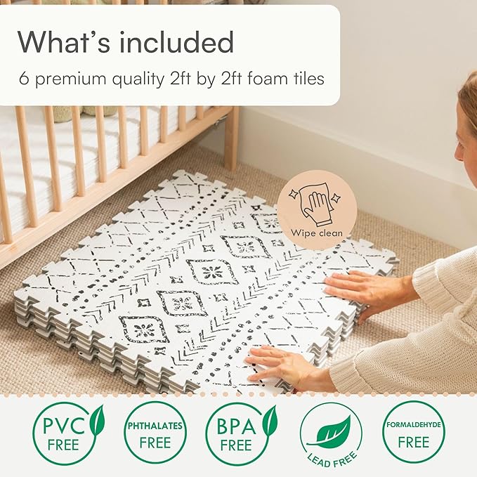 Baby Play Mat for Floor – 4x6ft Boho | Soft Non Toxic Premium EVA Foam Tiles for Tummy Time, Crawling & Playroom – Waterproof Interlocking Floor Mat for Babies & Toddlers by Lillefolk (6 Tiles)