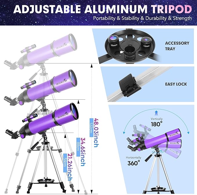 Telescope, Telescope for Adults & Kids & Astronomy Beginners, 80mm Aperture 600mm Portable Refractor Telescopes Fully Multi-Coated Optics with AZ Mount Tripod, Phone Adapter and Moon Filter