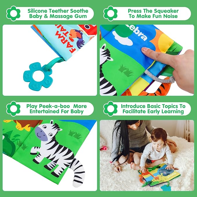 Baby Soft Cloth Crinkle Books Early Education Interactive Stroller Car Seat Sensory Toys with Tails Newborn Development Gifts for 0-6 Months Infants Toddler Baby Boys Girls(Jungle & Farm)