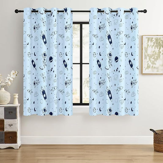 Kids Space Rocket and Astronaut Blackout Curtains - 100% Blackout, Thermal Insulated, Noise Reducing, Perfect for Kids Room and Nursery, 2 Panels (Sky-Blue Space Doodles, W52×L63)