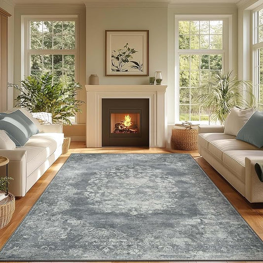 jinchan Washable Area Rug 8x10 for Living Room - Soft Faux Wool Ultra-Thin Stain Resistant Non-Slip Distressed Vintage Floral Large Carpet for Bedroom,Dining Room,Home Office,Nursery(Grey, 8'x10')