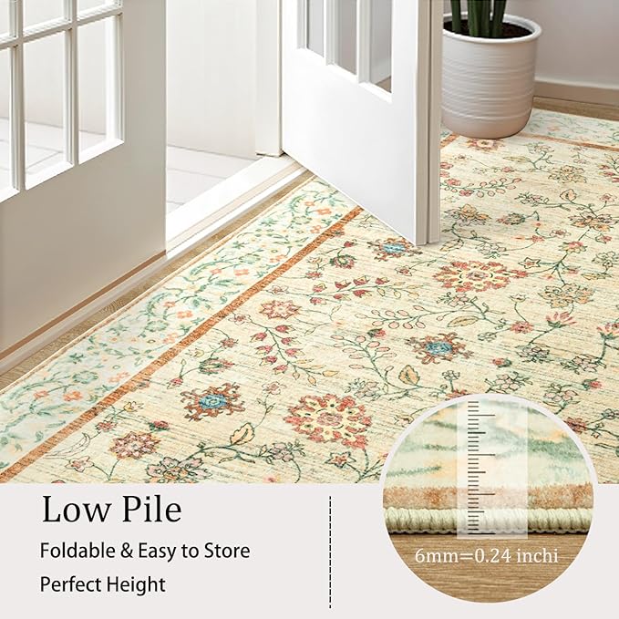 LOCHAS Washable Area Rugs 5x7, Beige Floral Rug for Living Room Bedroom Non Slip, Ultra Soft Vintage Indoor Carpet for Kids, Nursery, Dorm, Dining Room, Classroom, Boho Flower Home Decor, Low-Pile