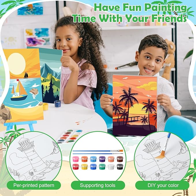 Blosssound 10 Set Pre Printed Canvas Pre Drawn Canvas Painting with Easel Kits 5" x 7" Outline Painting Panels for Beginners, DIY Craft Project, Party Favor, Home Decors(Summer)