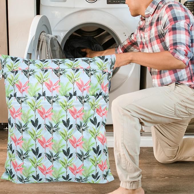 2pcs Travel Waterproof Laundry Bag, Cloth Diaper Wet Dry Bags with Handle & 2 Zipper Pockets, Reusable Washable Dirty Clothes Bag for Baby Adult Travelling Hanging, Bathing Beach Pool Daycare