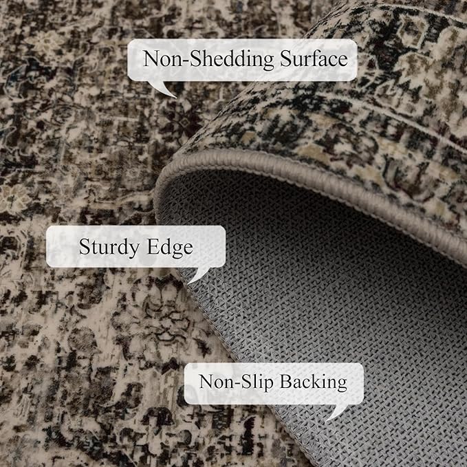 Washable Area Rugs 8x10, Large Rugs for Living Room, Carpet for Bedroom, Soft Faux Wool Retro Dining Room Rug, Non-Slip Backing Resistant Low Pile Vintage Print Rug for Home Office (Brown)