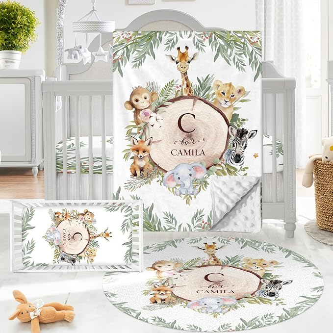 Personalized Baby Crib Bedding Set - Custom Name Animals and Forests 3 Pcs Set - Soft Blanket with Double Layer Dotted Backing, Fitted Sheet, Room Rug for Newborns Boys Girls Shower Gift