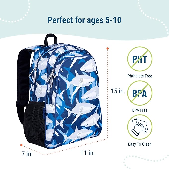 Wildkin 15-inch Kids Backpack – Durable, Padded, Adjustable for School & Travel - Sharks