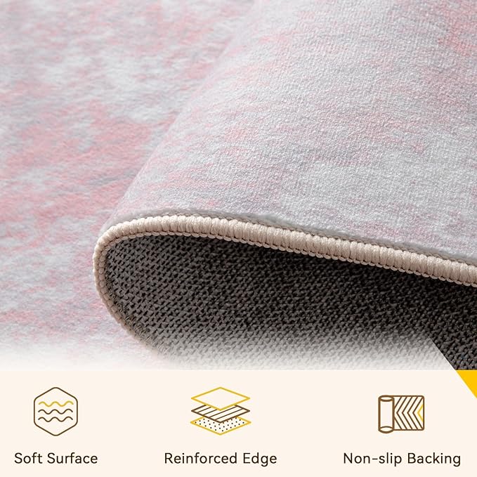Washable Area Rugs 6ft Non-Slip Modern Abstract Soft for Living Room Entryway Bedroom Nursery, Print Pattern, Grey Pink
