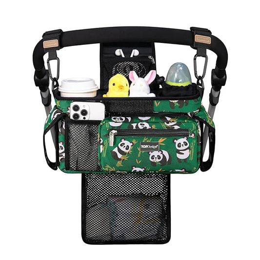 TOPDesign Universal Baby Stroller Organizer, Stroller Caddy with Detachable Mesh Bag & Heightened Insulated Cup Holders & Non-Slip Secure Hooks Accessories, Fits Most Strollers (Pandas)
