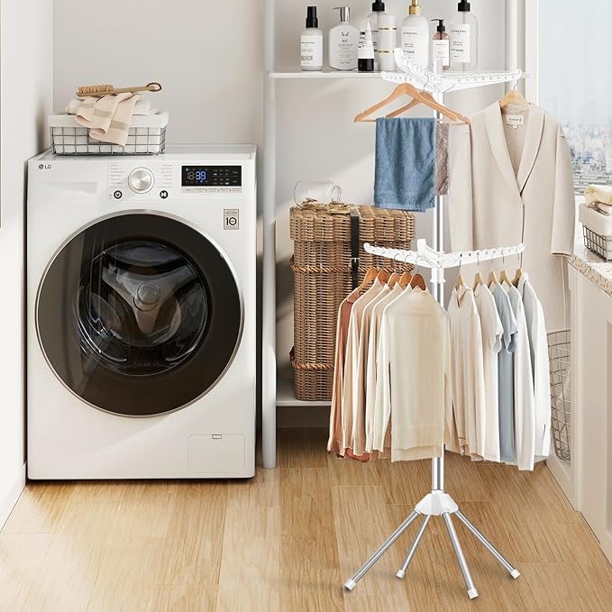 SUYU Clothes Drying Rack,Folding Clothes Drying Tree, 2 Layer with 6 Rotatable Arms,72-Inch Indoor Clothes Rack,Stainless Steel,4 Legs,White and Silver SNJ202