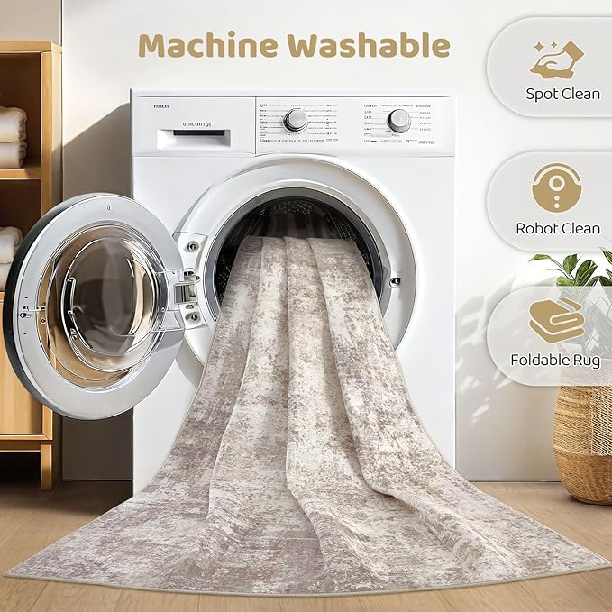 5x7 Area Rugs Living Room: Washable Large Abstract Soft Rug Stain Resistant Indoor Floor Non-Slip Accent Carpet for Women Modern Home Enthusiasts Aged 25-45 - Bedroom Nursery Playroom- Beige Brown