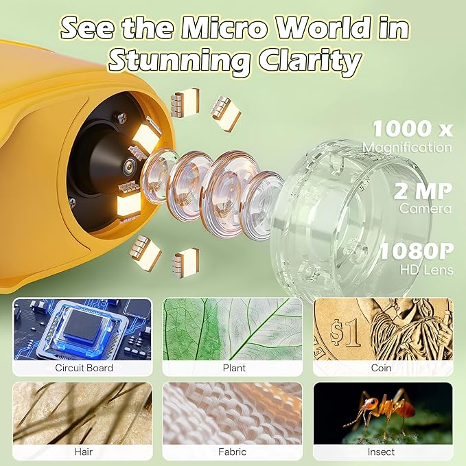 Microscope for Kids 1000X Digital, Handheld Kids Microscope HD Screen Video Record, Portable Miniscope STEM Toys, Birthday Gifts for 3 4 5 6 7 8-12 Year Old Boys Girls, 8GB TF Card Included