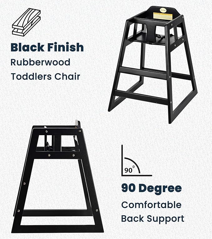 Alpine Wooden High Chairs for Babies and Toddlers with Safety Strap, Commercial Grade Restaurant High Chair, Durable Wood Space Saver Baby Feeding Chair, Ideal for Dining Spaces (2 Pack, Black)