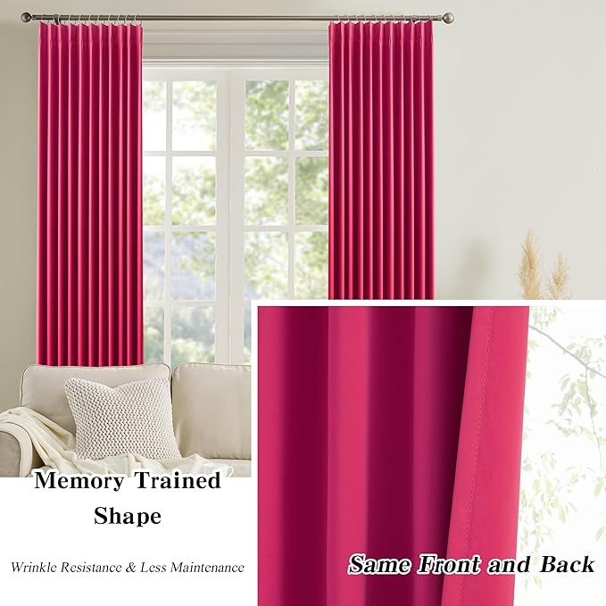 KEQIAOSUOCAI Pinch Pleated Hot Pink Blackout Curtains 72 Inches Long, Sound & Light Reducing Room Darkening Drape for Girl's Bedroom(Hot Pink, 2 Panels, W40 x L72)