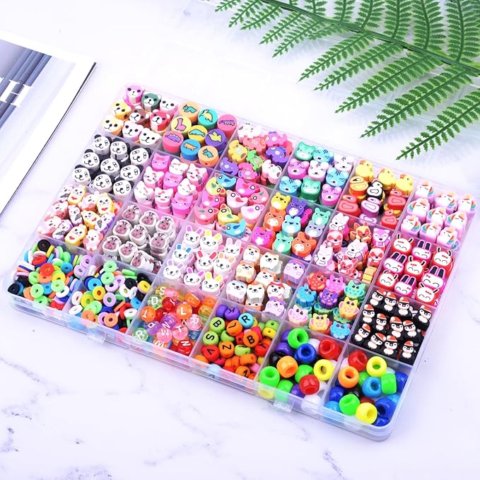1000PCS Polymer Clay Beads Bracelet Making kit, 24 Style Cute Fun Beads Animal Beads Charms for Jewelry Necklace Earring Making DIY Accessories for Women Girls