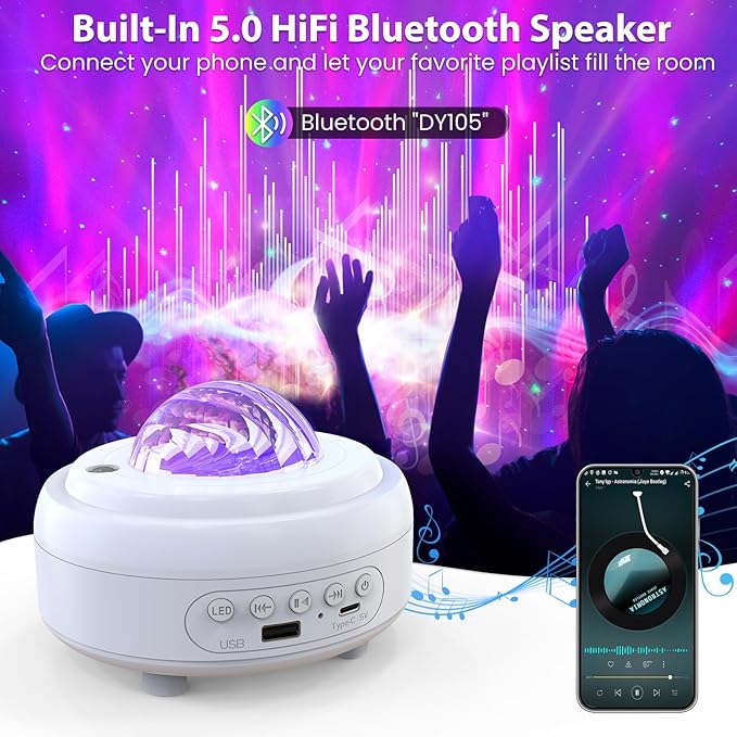 Star Projector with Bluetooth Speaker, 1800mAh Battery Operated Night Light Galaxy Projector, Northern Lights Aurora Projector with Moon, Mood Ambient Lighting for Bedroom Kids Girls Adults
