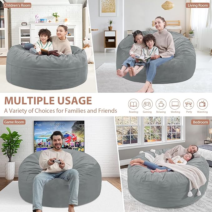 3FT Bean Bag Chair, Comfy Bean Bag Chairs with Memory Foam Filled, Fluffy Beanbag Sofa with Dutch Velvet Cover, Round BeanBag Chairs for Living Room, Playroom - Light Grey