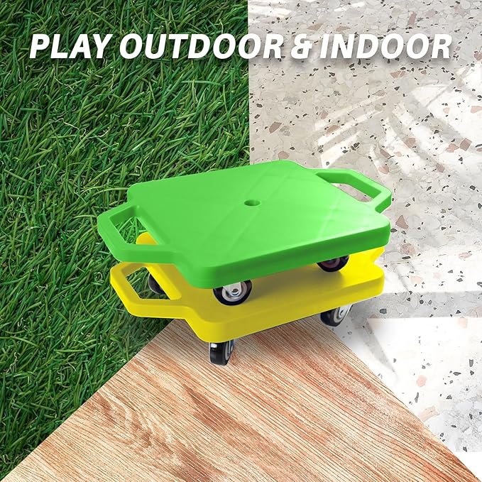 2 Plastic Scooter Boards with Handles for Kids Sitting and Sports Training, with 1 Ring, 2 Ropes and 4 Beanbags, Indoor and Outdoor Play