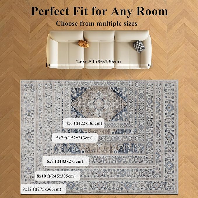 Washable Area Rugs 8x10, Large Rugs for Living Room, Carpet for Bedroom, Soft Faux Wool Retro Dining Room Rug, Non-Slip Backing Resistant Low Pile Vintage Print Rug for Home Office (Taupe/Blue)