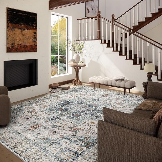 9x12 Area Rugs for Living Room: Washable Bedroom Rug Boho Vintage Rugs Stain Resistant Non Slip Low Pile Soft Lightweight Carpet for Kitchen Dining Room Farmhouse Nursery Kids Room Home Office