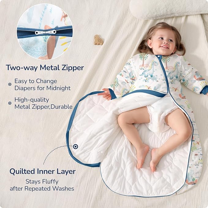 Baby Sleep Sack 12-18 Months, Cotton Detachable Long Sleeve Sleep Sack, 1.0 Tog Toddler Sleeping Sack with Temperature Strips, 2-Way Zipper Wearable Blankets for Newborns, Dinosaur
