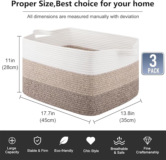 OIAHOMY Rectangle Woven Storage Basket - Nursery Cotton Rope Baskets for Storage, Toy Basket Organizing for Living Room, 17.7"x13.8"x11"- Pack of 3 - Gradient Yellow