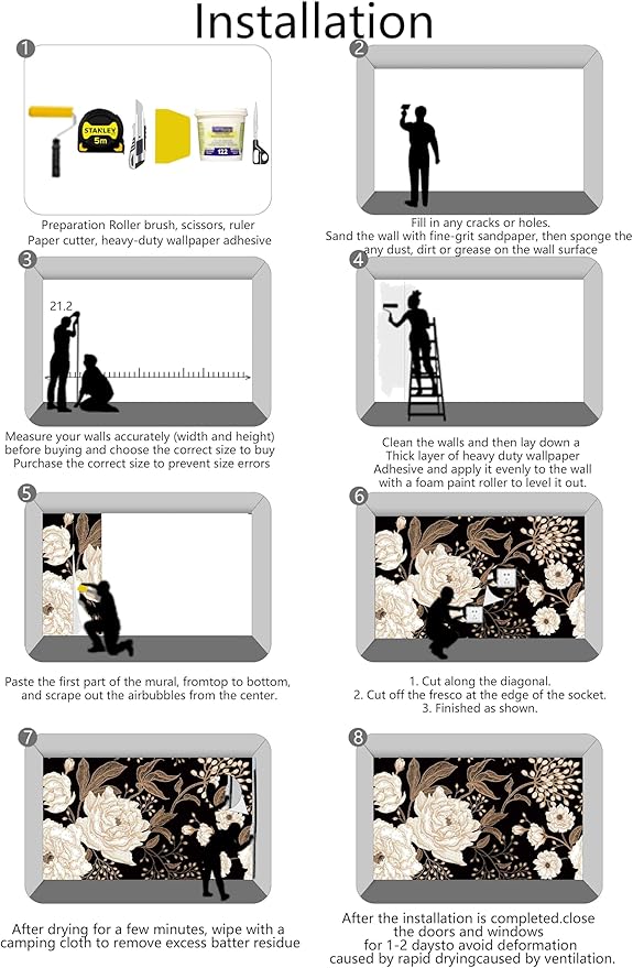 Vintage White Rose Floral Wallpaper Peony Wall Mural Large Black Background Wall Decor for Living Room Bedroom Dining Room Basement(Not Self-Adhesive)