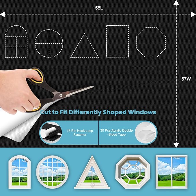 REDRICE Temporary Blackout Shades, 157" x 57" Portable Blackout Curtains, 100% Blackout Blinds Room Darkening Light Window Shades with Hook & Loop Tabs Stick-On, Window Cover for Travelers Bedroom RV