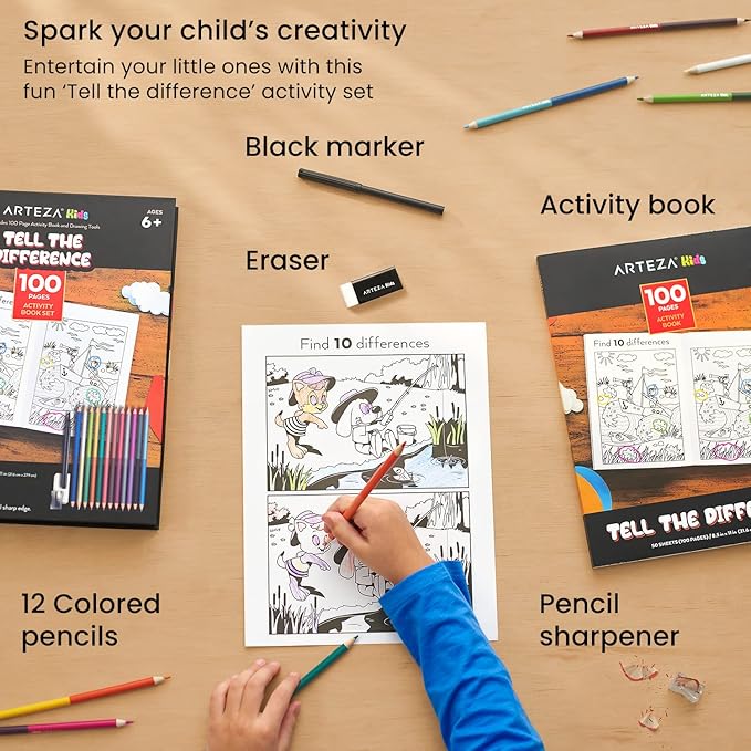 Arteza Kids Activity Book, Spot The Difference Book, Back to School Supplies for Ages 6 and Up, 50 Sheets, 12 Double-Ended Colored Pencils, Black Marker, Eraser, Sharpener