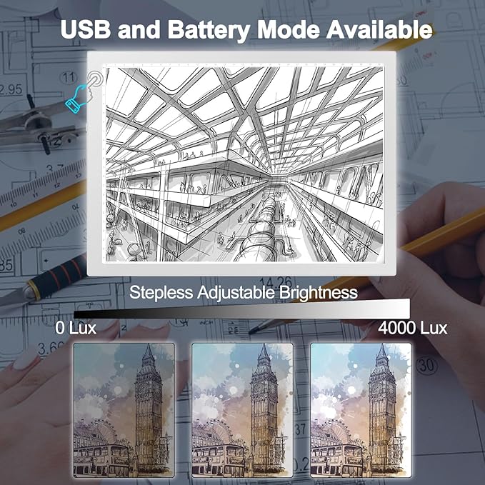 LitEnergy Rechargeable Battery Powered Light Tracing Box, Ultra-Thin Adjustable USB Power Artcraft LED Trace Light Pad Size A4 for Drawing, Streaming, Sketching, Animation, Stenciling (Silver)