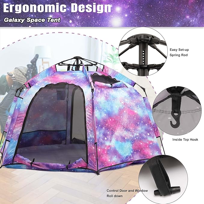 Portable Hexagon Kids Play Tent with LED Strip Lights Indoor Children Play House Easy Set-up Space Large Dream Tent for Night 4-5 Person & Birthday Gifts