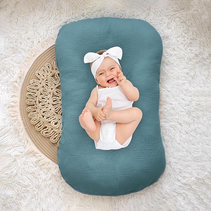 Hooyax Baby Lounger Cover 2 Pack - 100% Muslin Cotton Newborn Lounger Pillow Covers Only, Soft Breathable Infant Lounger Cover with Reinforced Stitching, Fits Most Standard Baby Loungers (Blue Ginger)