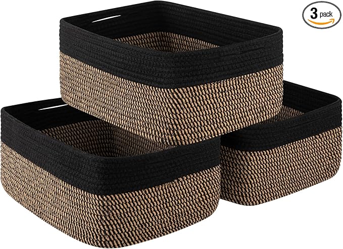 Storage Baskets for Organizing 3 Pack, Woven Baskets for Shelves, Closet Organizer Bins Empty Gift Basket Toy Storage for Toys, Books, Towels, Clothes, 15"x11.42"x6.7", Black & Yellow
