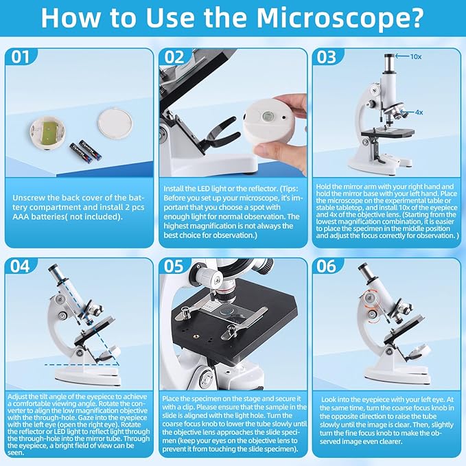 Microscope for Adults Kids, 40X-2000X Microscope Kit with Adjustable Brightness LED, Slides, Biological Compound Microscopes for School Lab Home Education, Gifts for Children Students