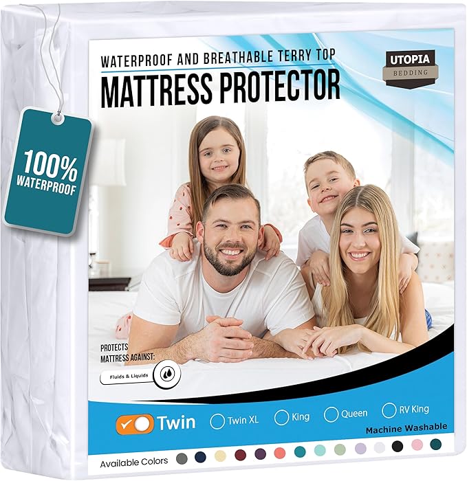 Utopia Bedding Waterproof Mattress Protector Twin Size, Premium Terry Mattress Cover 200 GSM, Breathable, Fitted Style with Stretchable Pockets (White)