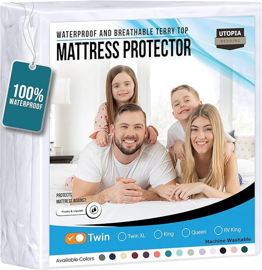 Utopia Bedding Waterproof Mattress Protector Twin Size, Premium Terry Mattress Cover 200 GSM, Breathable, Fitted Style with Stretchable Pockets (White)