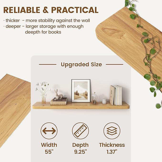 Rustic Elm Wood Floating Shelves for Wall Round Edge, 55"W x 9.2"D x 1.37"H, Set of 1 with Invisible Bracket, Wall Mounted Storage Shelves for Living Room Bedroom Kitchen Bathroom Decor, Natural