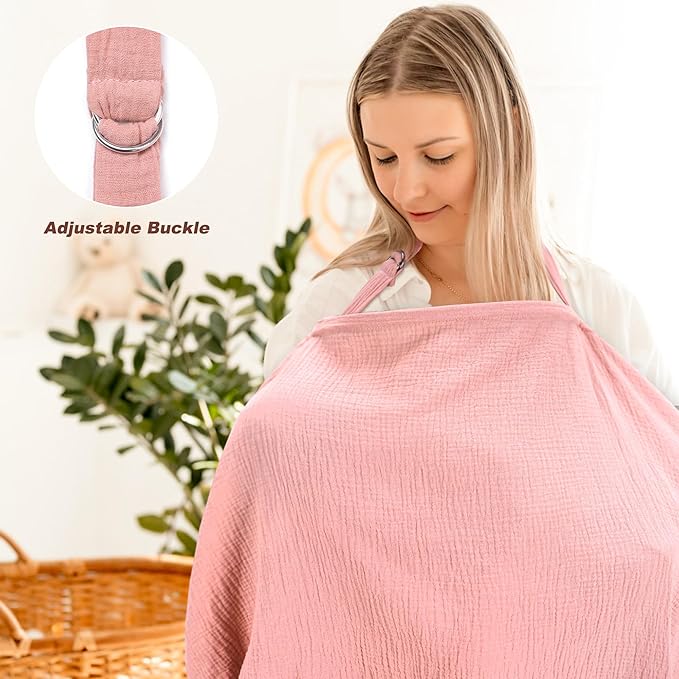 2 Pack Muslin Cotton Nursing Cover for Breastfeeding, Privacy Breathable Breastfeeding Cover Cover up with Arch Neckline for Mom, 100% Cotton Nursing Apron, Floral and Pink