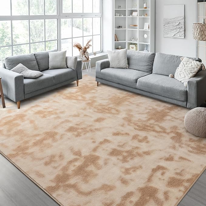 Kimicole 7x10 Washable Area Rugs for Living Room Bedroom, Large Low Pile Ulta-Thin Solid Color Rug, Non-Slip Soft Fluffy Carpet for Nursery Kids Room Dorm Room Home Decor (Light Tan)