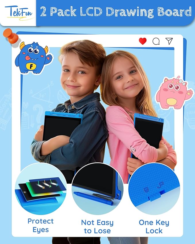TEKFUN 2 Pack LCD Writing Tablet with Anti-Lost Stylus, 10in Erasable Doodle Board Coloring Drawing Pad for Kids, Car Trip Educational Toys Birthday Gift for 3 4 5 6 7 Girls Boys Toddler (2*Blue)