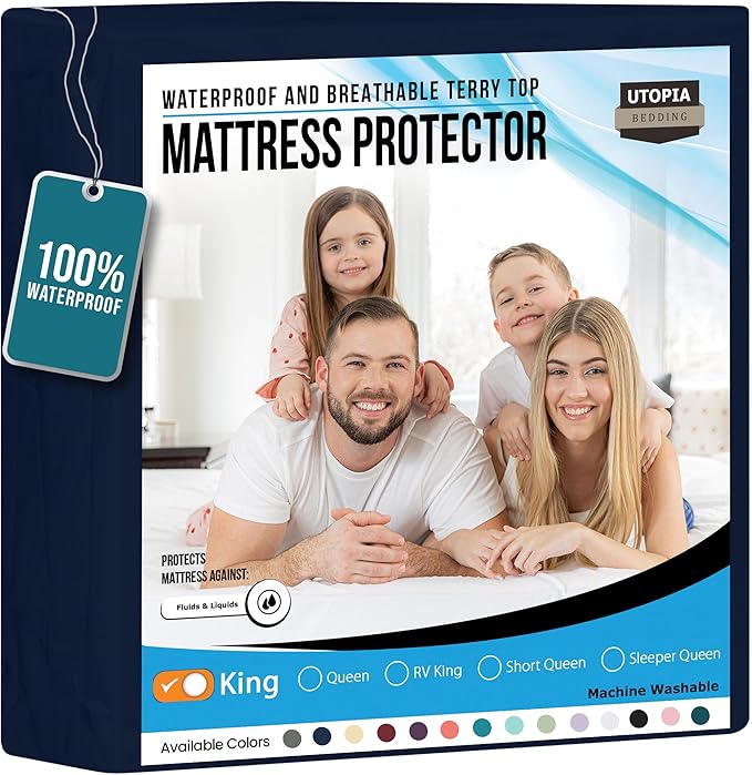 Utopia Bedding Waterproof Mattress Protector King Size, Premium Terry Mattress Cover 200 GSM, Breathable, Fitted Style with Stretchable Pockets (Navy Blue)