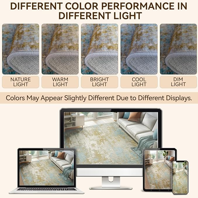 Washable Area Rugs 8'x10' Non-Slip Modern Abstract Soft for Living Room Entryway Bedroom Nursery, Print Pattern, Teal Blue Taupe