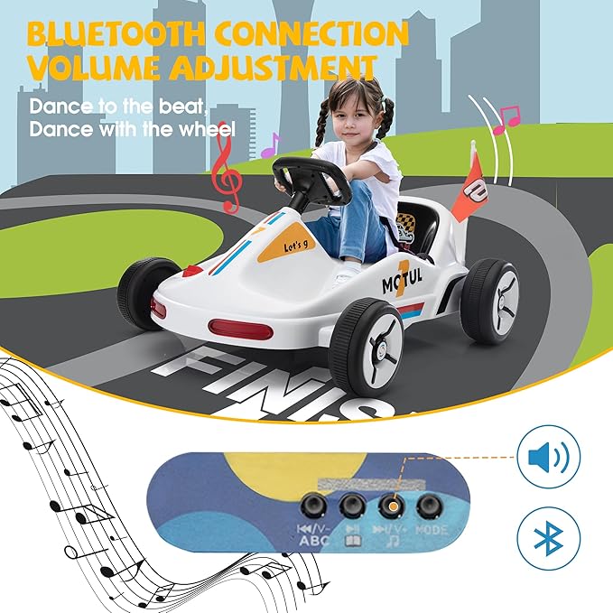 TOBBI 12V Electric Go Kart for Kids Battery Powered Ride on Car Outdoor Race Toy with Remote Control, Safety Belt, Music, LED Lights and Flags for Toddlers 3-8 Years, White