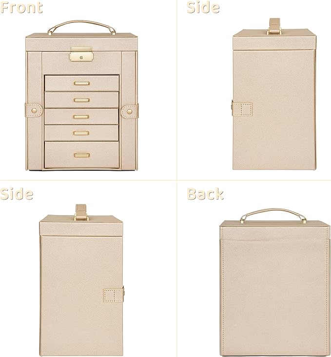 AKOZLIN 6-Tier Jewelry Box Lockable Leather Jewelry Storage Case with 5 Drawers for Women Girls Ring Necklace Earring Bracelet Holder Organizer with Mirror