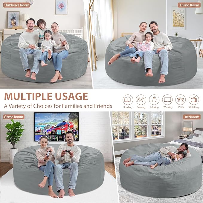 6FT Bean Bag Chair, Large Bean Bag Chairs with Memory Foam Filled, Fluffy Beanbag Sofa with Dutch Velvet Cover, Round BeanBag Chairs for Living Room, Playroom - Light Grey