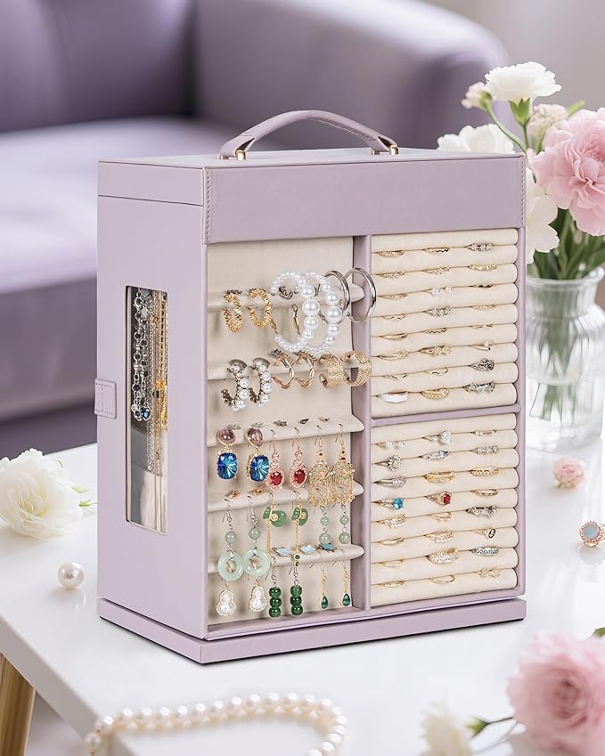 AKOZLIN 360° Rotating Jewelry Box 6-Tier Organizer Functional Jewelry Storage Case for Women Girls Ring Necklace Earring Bracelet Holder with Mirror Purple